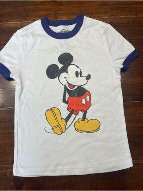 Disney White Tee with Blue Trim and Classic Mickey Graphic